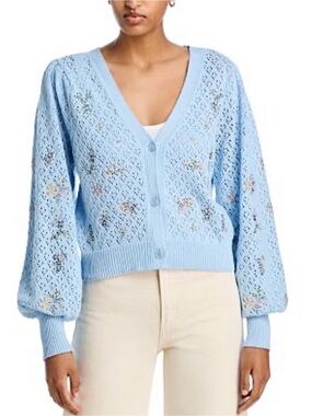 Aqua Pointelle Crochet Bright Sky Blue Embroidered Cardigan Ballon Puff Sleeves